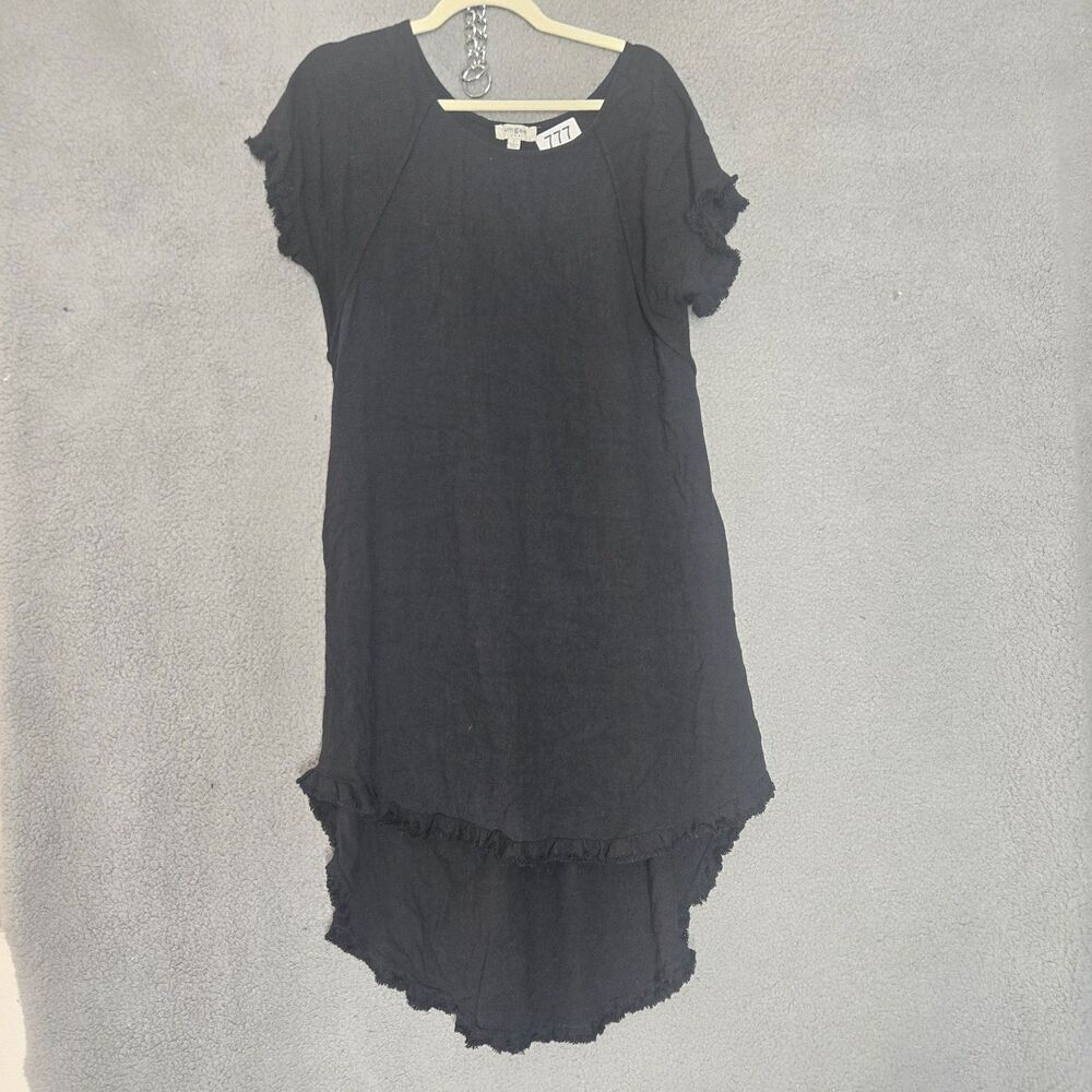 Umgee Dress Womens S Black Scoop Neck Short Sleeve Linen Ruffle Raw Hem